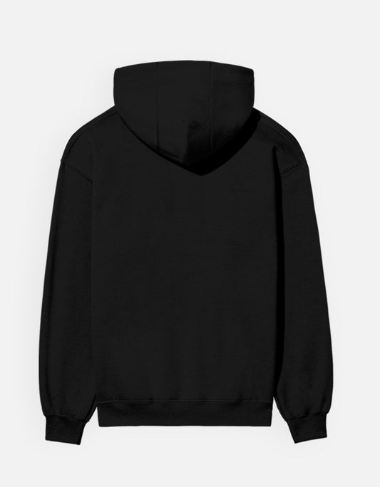 Color_Black. Black unisex heavyweight hoodie featuring a centered rectangular graphic of a screaming figure. 300 GSM cotton brushed fleece with kangaroo pocket and ribbed finishes. Architectural streetwear fit for cold weather.