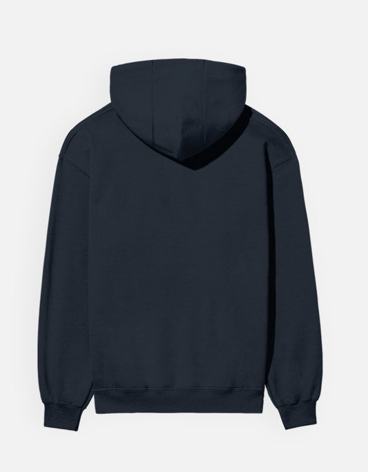 Color_NavyBlue. High-performance unisex navy hoodie in 300 GSM heavyweight brushed fleece. Features a centered white "धपाधप" (Dhadadhap) Devanagari script. Designed with a structured regular fit, dropped shoulders, kangaroo pocket, and premium ribbed finishes for a timeless streetwear aesthetic.