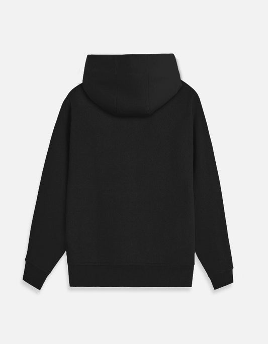Color_Black. Premium unisex full-zip hoodie made from heavyweight 300 GSM brushed fleece. Features a drawstring hood, split kangaroo front pockets, and ribbed cuffs and hem. High-quality cotton blend for a durable, cozy, and versatile streetwear fit.
