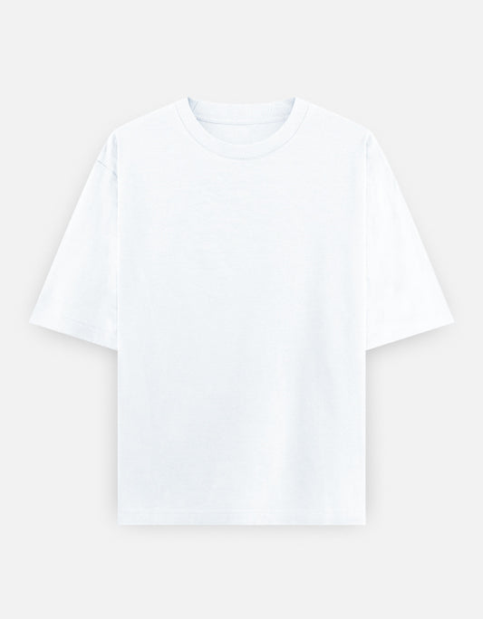 Color_White. High-quality oversized unisex t-shirt with a classic crew neck and drop-shoulder construction. Smooth, heavy-weight cotton fabric in a solid color, offering a relaxed, boxy streetwear fit for a timeless aesthetic.