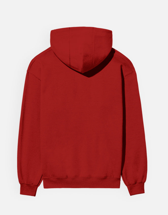 Color_Red. unisex heavyweight hoodie featuring a centered cream rectangular block with black "मोहमाया." (Mohmaya) Devanagari script. 300 GSM cotton brushed fleece with kangaroo pocket and ribbed finishes. Structured streetwear fit for cold weather.