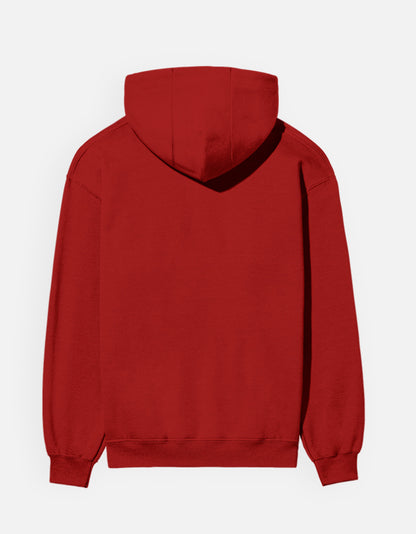Color_Red. unisex heavyweight hoodie featuring a centered cream rectangular block with black "मोहमाया." (Mohmaya) Devanagari script. 300 GSM cotton brushed fleece with kangaroo pocket and ribbed finishes. Structured streetwear fit for cold weather.