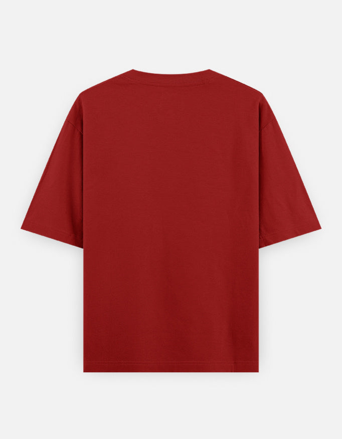 Color_Red. Oversized deep crimson red streetwear t-shirt featuring a centered white traditional guardian lion (Shishi) graphic. Features dropped shoulders, heavyweight cotton fabric, and a boxy fit.