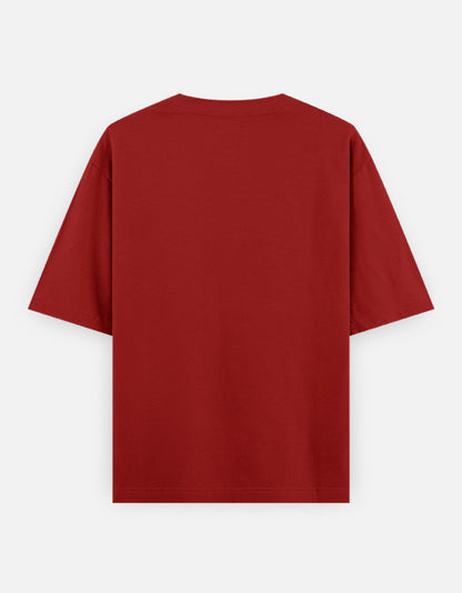 Color_Red. Oversized deep crimson red streetwear t-shirt featuring a centered white traditional guardian lion (Shishi) graphic. Features dropped shoulders, heavyweight cotton fabric, and a boxy fit.