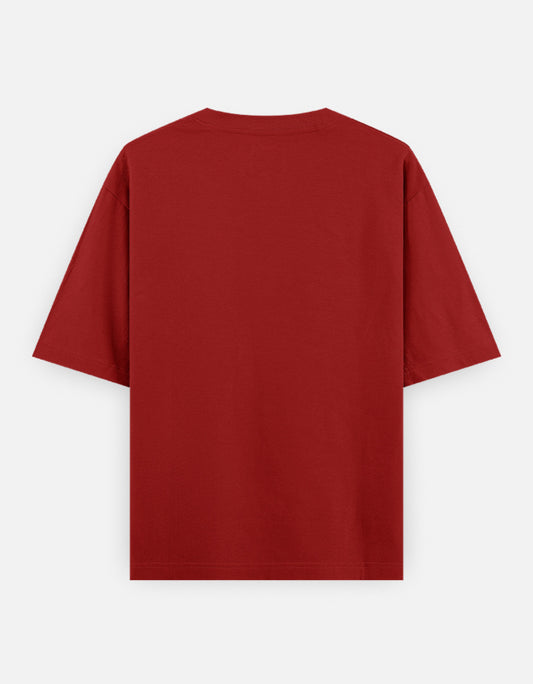 Color_Red. Oversized deep crimson red streetwear t-shirt featuring a centered white traditional guardian lion (Shishi) graphic. Features dropped shoulders, heavyweight cotton fabric, and a boxy fit.