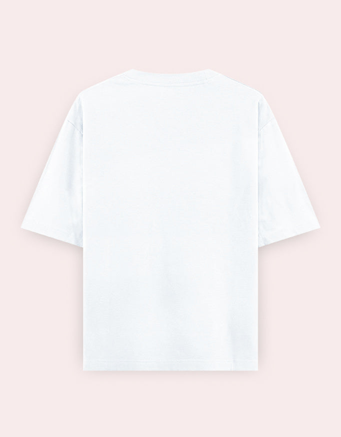 Color_White. Oversized white streetwear t-shirt featuring a centered blue calligraphic graphic in the shape of a bird. Dropped shoulders, heavyweight cotton, boxy modern fit.