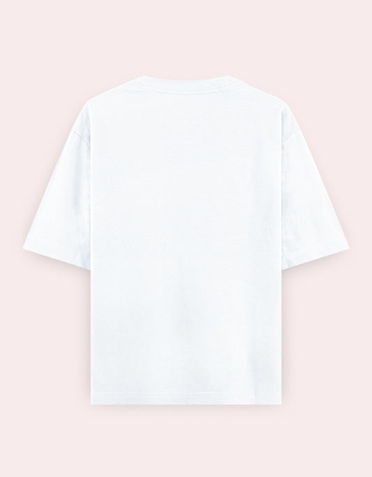 Color_White. Oversized white streetwear t-shirt featuring a centered blue calligraphic graphic in the shape of a bird. Dropped shoulders, heavyweight cotton, boxy modern fit.