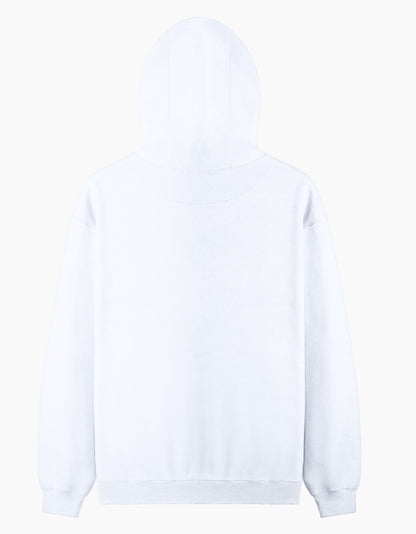 Color_White. Oversized midnight black heavyweight streetwear hoodie with a front kangaroo pocket and dropped shoulders. Features a structured boxy fit in premium cotton fleece without graphics.