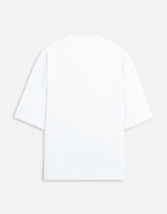 Color_White. Oversized white streetwear t-shirt with a centered red traditional guardian lion (Shishi) graphic. Features dropped shoulders, heavyweight cotton fabric, and a boxy fit.