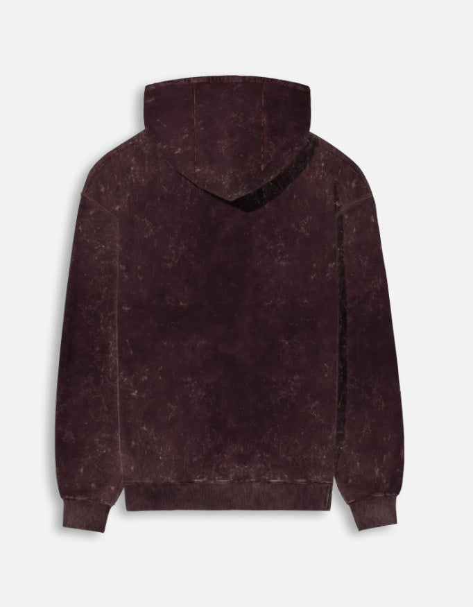 Color_Maroon. mineral-wash unisex heavyweight hoodie. 300 GSM cotton brushed fleece with a distressed, textured finish. Features a kangaroo pocket, matching drawstrings, and ribbed finishes. Architectural streetwear fit for cold weather.