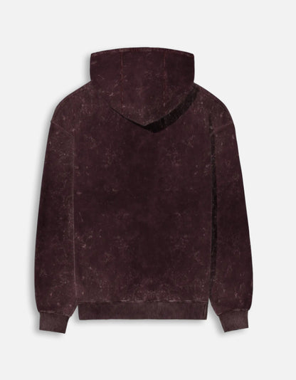 Color_Maroon. mineral-wash unisex heavyweight hoodie. 300 GSM cotton brushed fleece with a distressed, textured finish. Features a kangaroo pocket, matching drawstrings, and ribbed finishes. Architectural streetwear fit for cold weather.