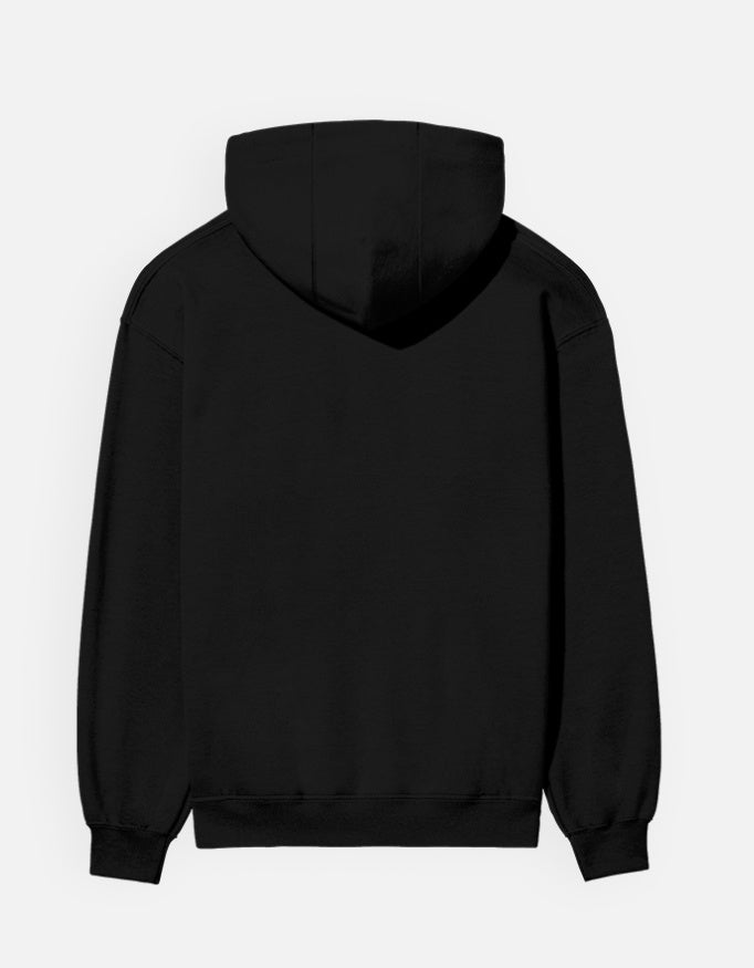 Color_Black. unisex heavyweight hoodie featuring a centered cream rectangular block with black "मोहमाया." (Mohmaya) Devanagari script. 300 GSM cotton brushed fleece with kangaroo pocket and ribbed finishes. Structured streetwear fit for cold weather.