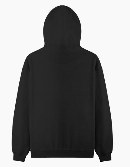 Color_Black. Oversized midnight black heavyweight streetwear hoodie with a front kangaroo pocket and dropped shoulders. Features a structured boxy fit in premium cotton fleece without graphics.