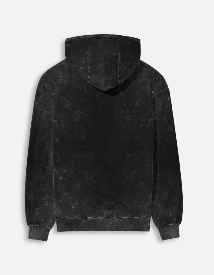 Color_Black. mineral-wash unisex heavyweight hoodie. 300 GSM cotton brushed fleece with a distressed, textured finish. Features a kangaroo pocket, matching drawstrings, and ribbed finishes. Architectural streetwear fit for cold weather.