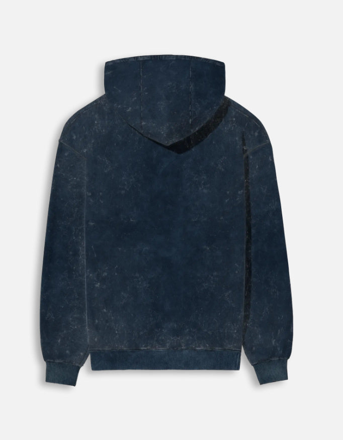 Color_NavyBlue. mineral-wash unisex heavyweight hoodie. 300 GSM cotton brushed fleece with a distressed, textured finish. Features a kangaroo pocket, matching drawstrings, and ribbed finishes. Architectural streetwear fit for cold weather.