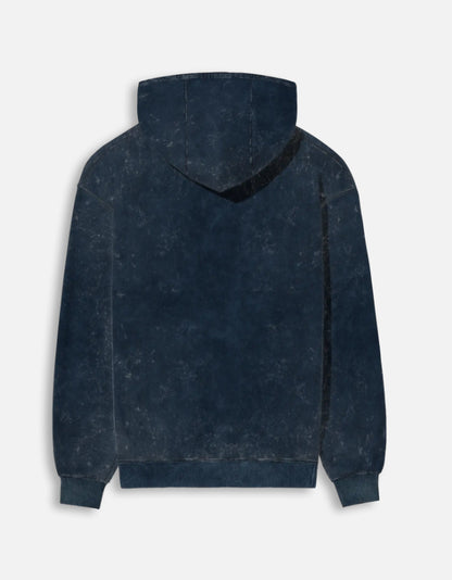 Color_NavyBlue. mineral-wash unisex heavyweight hoodie. 300 GSM cotton brushed fleece with a distressed, textured finish. Features a kangaroo pocket, matching drawstrings, and ribbed finishes. Architectural streetwear fit for cold weather.
