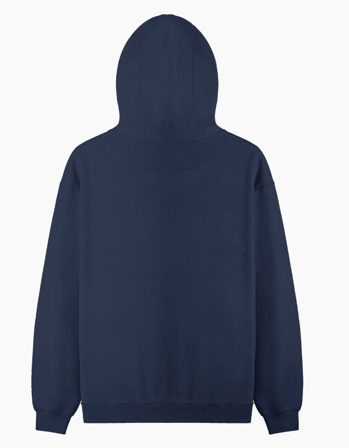 Color_NavyBlue. Oversized midnight black heavyweight streetwear hoodie with a front kangaroo pocket and dropped shoulders. Features a structured boxy fit in premium cotton fleece without graphics.