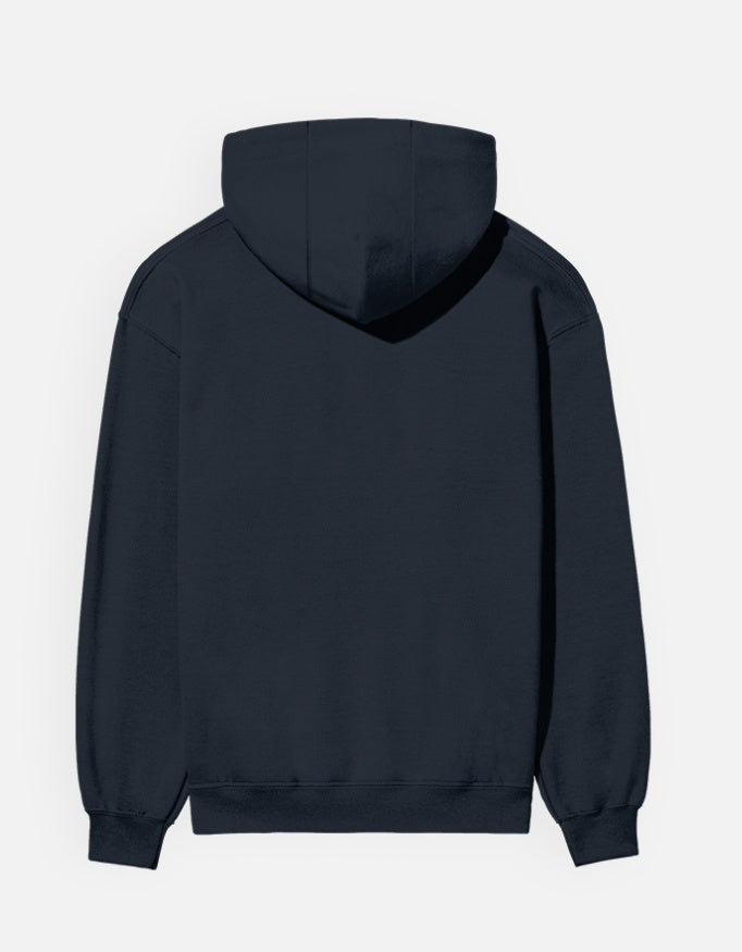 Color_NavyBlue. Black unisex heavyweight hoodie featuring a centered abstract blue graphic. 300 GSM cotton brushed fleece with kangaroo pocket and ribbed finishes. Structured streetwear fit for cold weather.