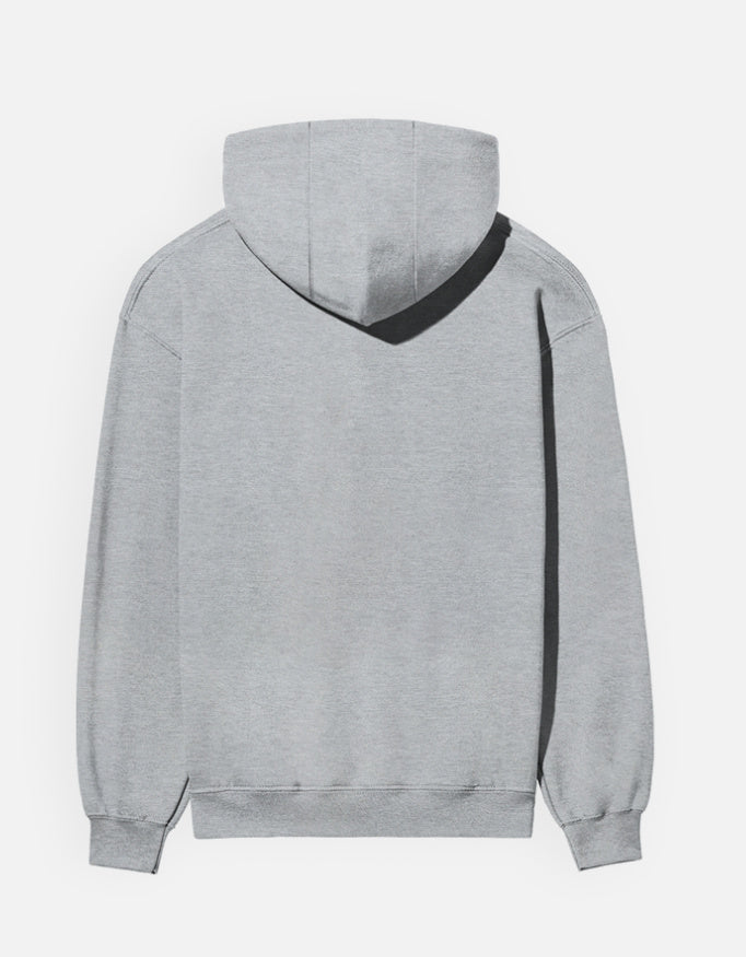 Color_GreyMelange. unisex heavyweight hoodie featuring a centered, detailed azure blue abstract graphic. 300 GSM cotton brushed fleece with kangaroo pocket and ribbed finishes. Structured streetwear fit for cold weather.