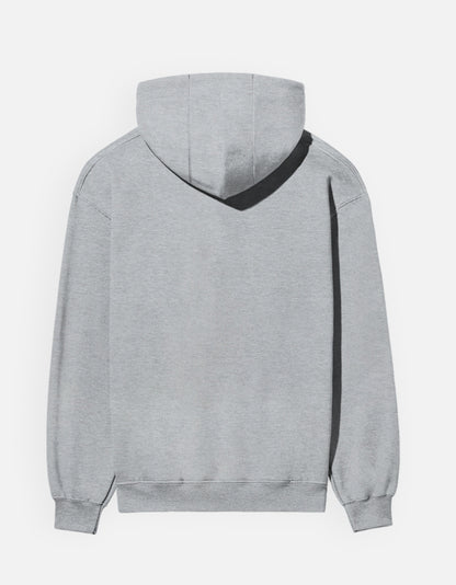 Color_GreyMelange. unisex heavyweight hoodie featuring a centered, detailed azure blue abstract graphic. 300 GSM cotton brushed fleece with kangaroo pocket and ribbed finishes. Structured streetwear fit for cold weather.