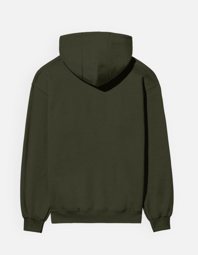 Color_OliveGreen. unisex heavyweight hoodie featuring a centered, detailed azure blue abstract graphic. 300 GSM cotton brushed fleece with kangaroo pocket and ribbed finishes. Structured streetwear fit for cold weather.