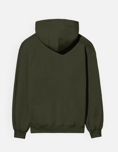 Color_OliveGreen. unisex heavyweight hoodie featuring a centered, detailed azure blue abstract graphic. 300 GSM cotton brushed fleece with kangaroo pocket and ribbed finishes. Structured streetwear fit for cold weather.