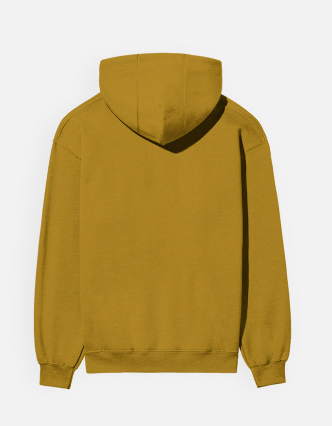 Color_MustardYellow. unisex heavyweight hoodie featuring a centered, detailed azure blue abstract graphic. 300 GSM cotton brushed fleece with kangaroo pocket and ribbed finishes. Structured streetwear fit for cold weather.