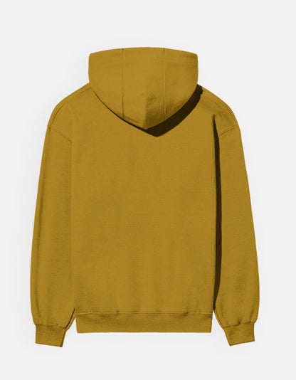 Color_MustardYellow. unisex heavyweight hoodie featuring a centered, detailed azure blue abstract graphic. 300 GSM cotton brushed fleece with kangaroo pocket and ribbed finishes. Structured streetwear fit for cold weather.
