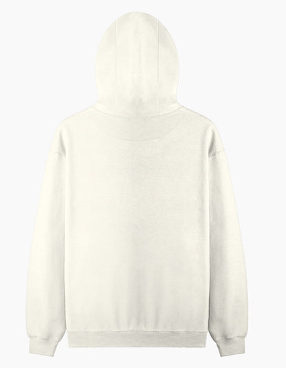 Color_OffWhite. Oversized midnight black heavyweight streetwear hoodie with a front kangaroo pocket and dropped shoulders. Features a structured boxy fit in premium cotton fleece without graphics.