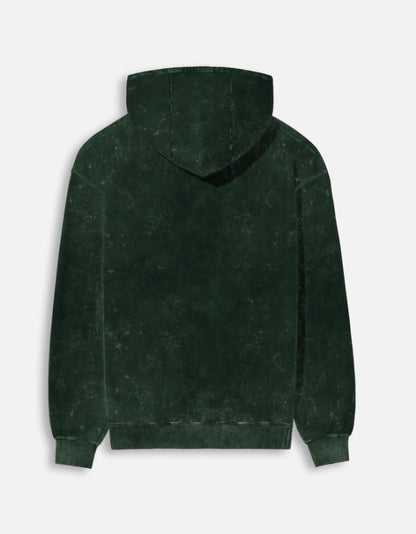 Color_BottleGreen. mineral-wash unisex heavyweight hoodie. 300 GSM cotton brushed fleece with a distressed, textured finish. Features a kangaroo pocket, matching drawstrings, and ribbed finishes. Architectural streetwear fit for cold weather.