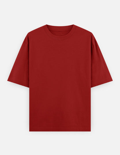 Color_Red. High-quality oversized unisex t-shirt with a classic crew neck and drop-shoulder construction. Smooth, heavy-weight cotton fabric in a solid color, offering a relaxed, boxy streetwear fit for a timeless aesthetic.
