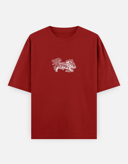 Color_Red. Oversized deep crimson red streetwear t-shirt featuring a centered white traditional guardian lion (Shishi) graphic. Features dropped shoulders, heavyweight cotton fabric, and a boxy fit.