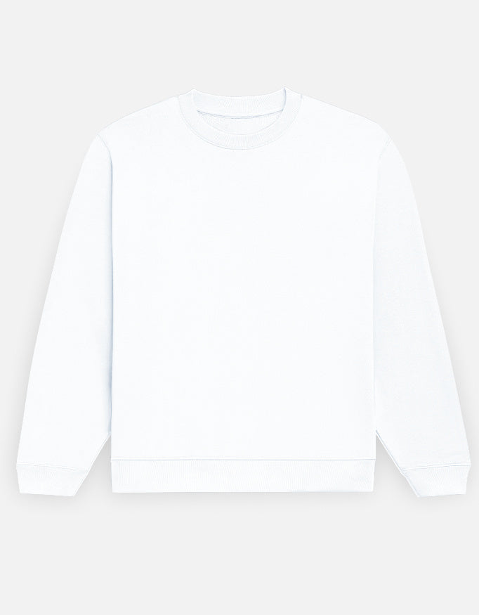Color_White. Premium solid-colored unisex crewneck sweatshirt made from 100% cotton and 300 GSM brushed fleece. Features a relaxed regular fit with snug ribbed cuffs and a structured hem. High-quality, heavyweight cozy apparel designed for cold weather and casual streetwear.