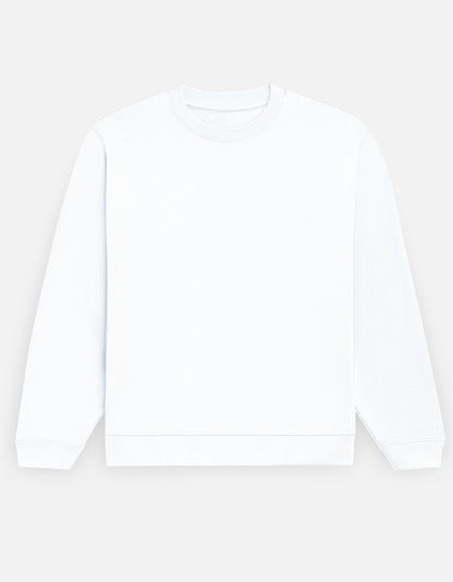 Color_White. Premium solid-colored unisex crewneck sweatshirt made from 100% cotton and 300 GSM brushed fleece. Features a relaxed regular fit with snug ribbed cuffs and a structured hem. High-quality, heavyweight cozy apparel designed for cold weather and casual streetwear.