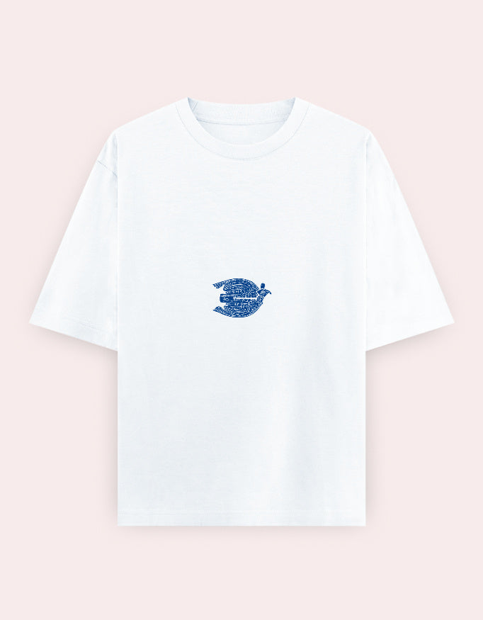 Color_White. Oversized white streetwear t-shirt featuring a centered blue calligraphic graphic in the shape of a bird. Dropped shoulders, heavyweight cotton, boxy modern fit.