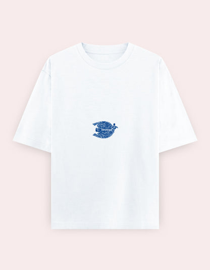 Color_White. Oversized white streetwear t-shirt featuring a centered blue calligraphic graphic in the shape of a bird. Dropped shoulders, heavyweight cotton, boxy modern fit.