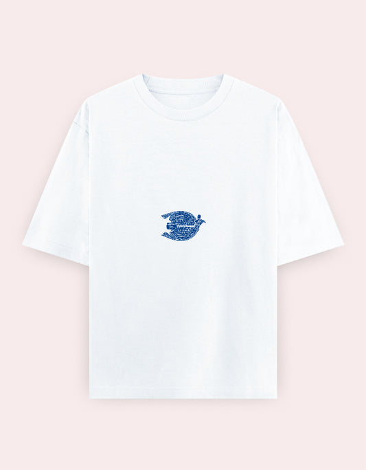 Color_White. Oversized white streetwear t-shirt featuring a centered blue calligraphic graphic in the shape of a bird. Dropped shoulders, heavyweight cotton, boxy modern fit.