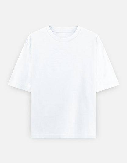 Color_White. High-quality oversized unisex t-shirt with a classic crew neck and drop-shoulder construction. Smooth, heavy-weight cotton fabric in a solid color, offering a relaxed, boxy streetwear fit for a timeless aesthetic.