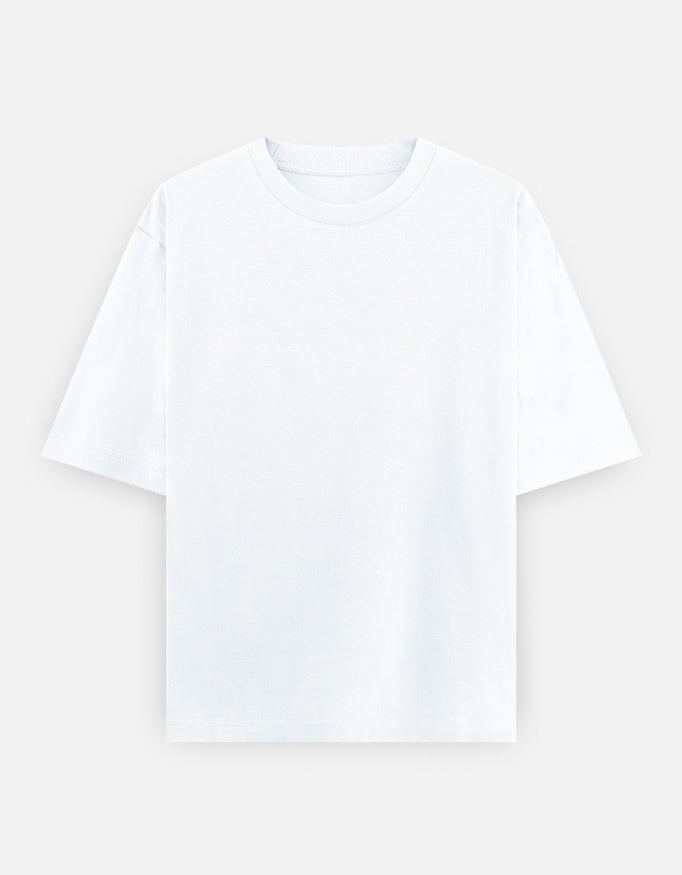 Color_White. Oversized plain classic streetwear t-shirt in a premium heavyweight cotton blend. Features a boxy silhouette, dropped shoulders, and a clean, minimalist aesthetic without graphics.