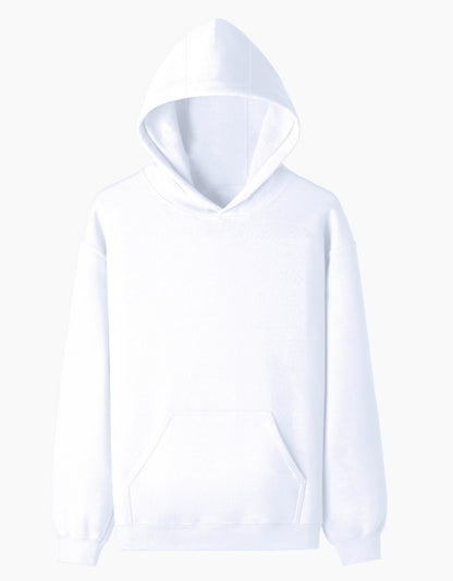 Color_White. Oversized midnight black heavyweight streetwear hoodie with a front kangaroo pocket and dropped shoulders. Features a structured boxy fit in premium cotton fleece without graphics.