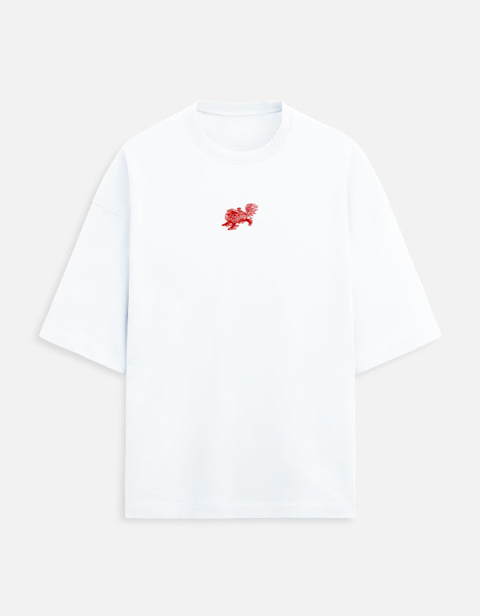 Color_White. Oversized white streetwear t-shirt with a centered red traditional guardian lion (Shishi) graphic. Features dropped shoulders, heavyweight cotton fabric, and a boxy fit.