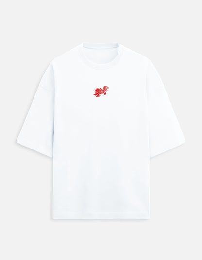 Color_White. Oversized white streetwear t-shirt with a centered red traditional guardian lion (Shishi) graphic. Features dropped shoulders, heavyweight cotton fabric, and a boxy fit.