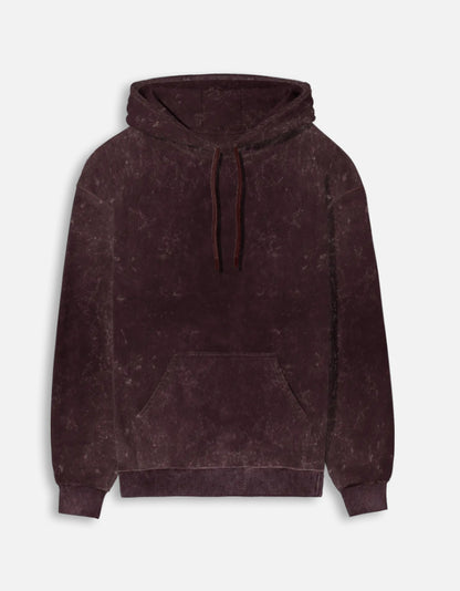 Color_Maroon. mineral-wash unisex heavyweight hoodie. 300 GSM cotton brushed fleece with a distressed, textured finish. Features a kangaroo pocket, matching drawstrings, and ribbed finishes. Architectural streetwear fit for cold weather.