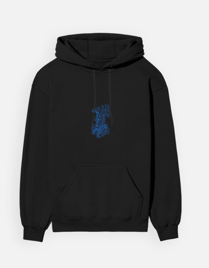 Color_Black.Black unisex heavyweight hoodie featuring a centered abstract blue graphic. 300 GSM cotton brushed fleece with kangaroo pocket and ribbed finishes. Structured streetwear fit for cold weather.