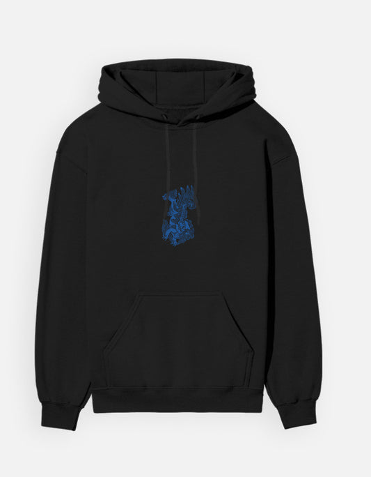 Color_Black.Black unisex heavyweight hoodie featuring a centered abstract blue graphic. 300 GSM cotton brushed fleece with kangaroo pocket and ribbed finishes. Structured streetwear fit for cold weather.