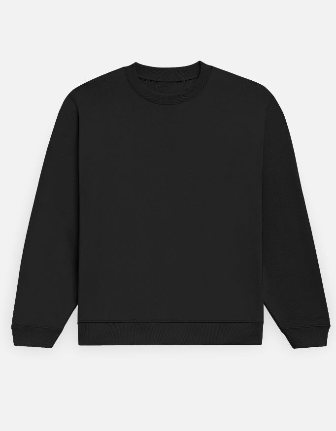 Color_Black. Premium solid-colored unisex crewneck sweatshirt made from 100% cotton and 300 GSM brushed fleece. Features a relaxed regular fit with snug ribbed cuffs and a structured hem. High-quality, heavyweight cozy apparel designed for cold weather and casual streetwear.