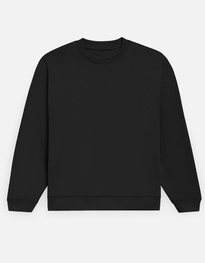 Color_Black. Premium solid-colored unisex crewneck sweatshirt made from 100% cotton and 300 GSM brushed fleece. Features a relaxed regular fit with snug ribbed cuffs and a structured hem. High-quality, heavyweight cozy apparel designed for cold weather and casual streetwear.