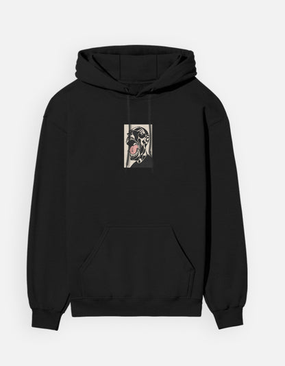 Color_Black. Black unisex heavyweight hoodie featuring a centered rectangular graphic of a screaming figure. 300 GSM cotton brushed fleece with kangaroo pocket and ribbed finishes. Architectural streetwear fit for cold weather.