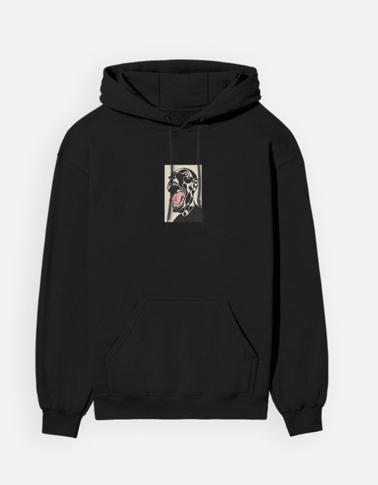 Color_Black. Black unisex heavyweight hoodie featuring a centered rectangular graphic of a screaming figure. 300 GSM cotton brushed fleece with kangaroo pocket and ribbed finishes. Architectural streetwear fit for cold weather.
