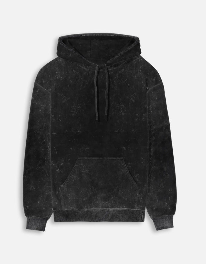 Color_Black. mineral-wash unisex heavyweight hoodie. 300 GSM cotton brushed fleece with a distressed, textured finish. Features a kangaroo pocket, matching drawstrings, and ribbed finishes. Architectural streetwear fit for cold weather.